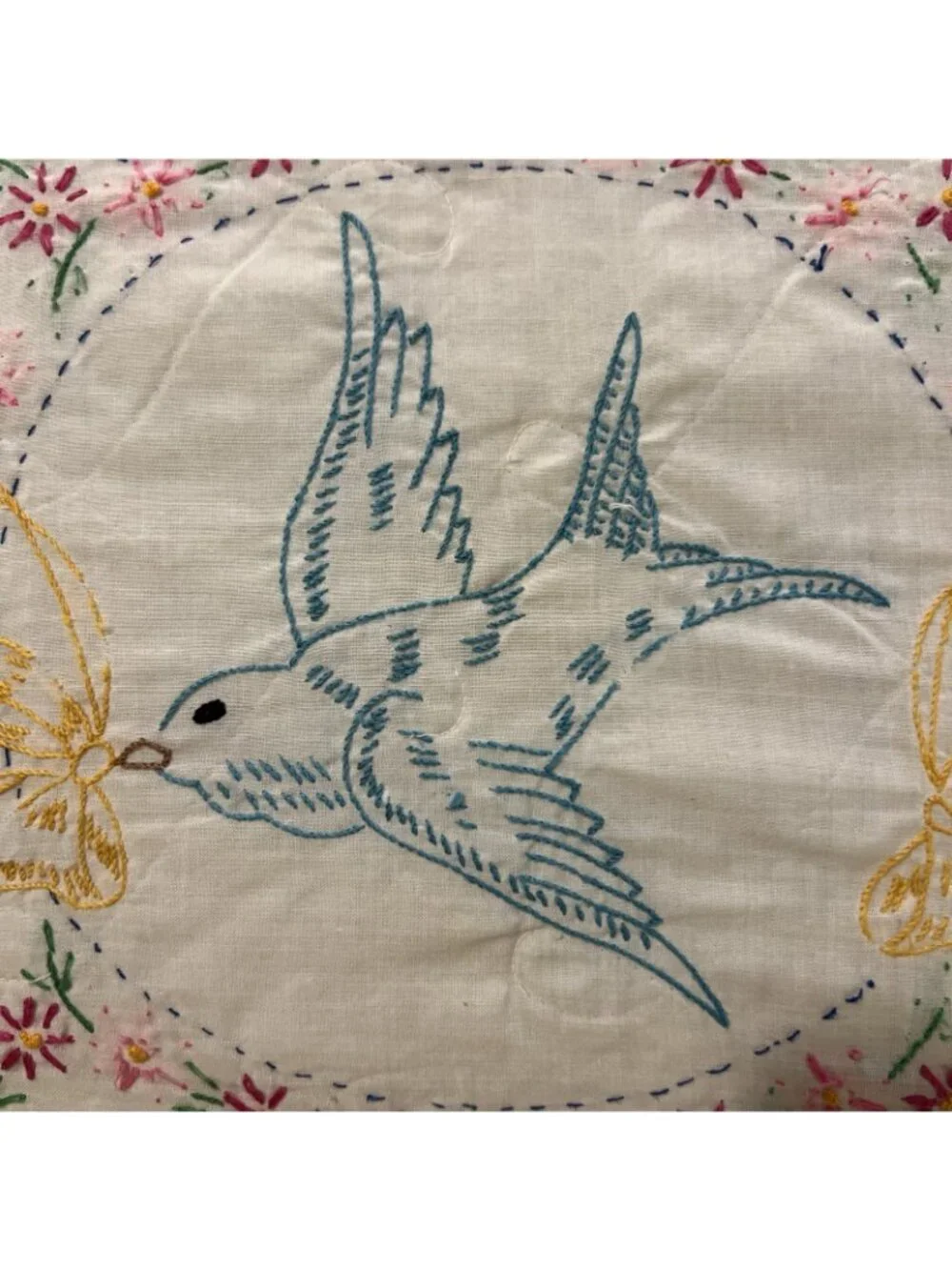 Vintage Quilt Bird Floral Wreath Handmade 74 inches wide x 98 inches long